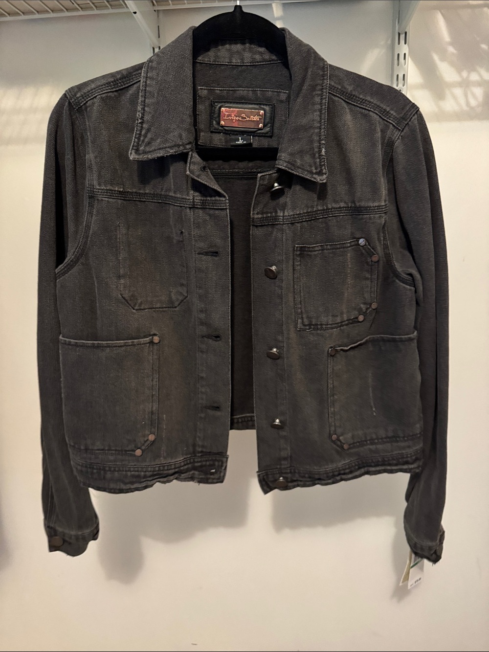 Washed-Look Indigo Saints Black Denim Jacket with Patch Pockets NWT